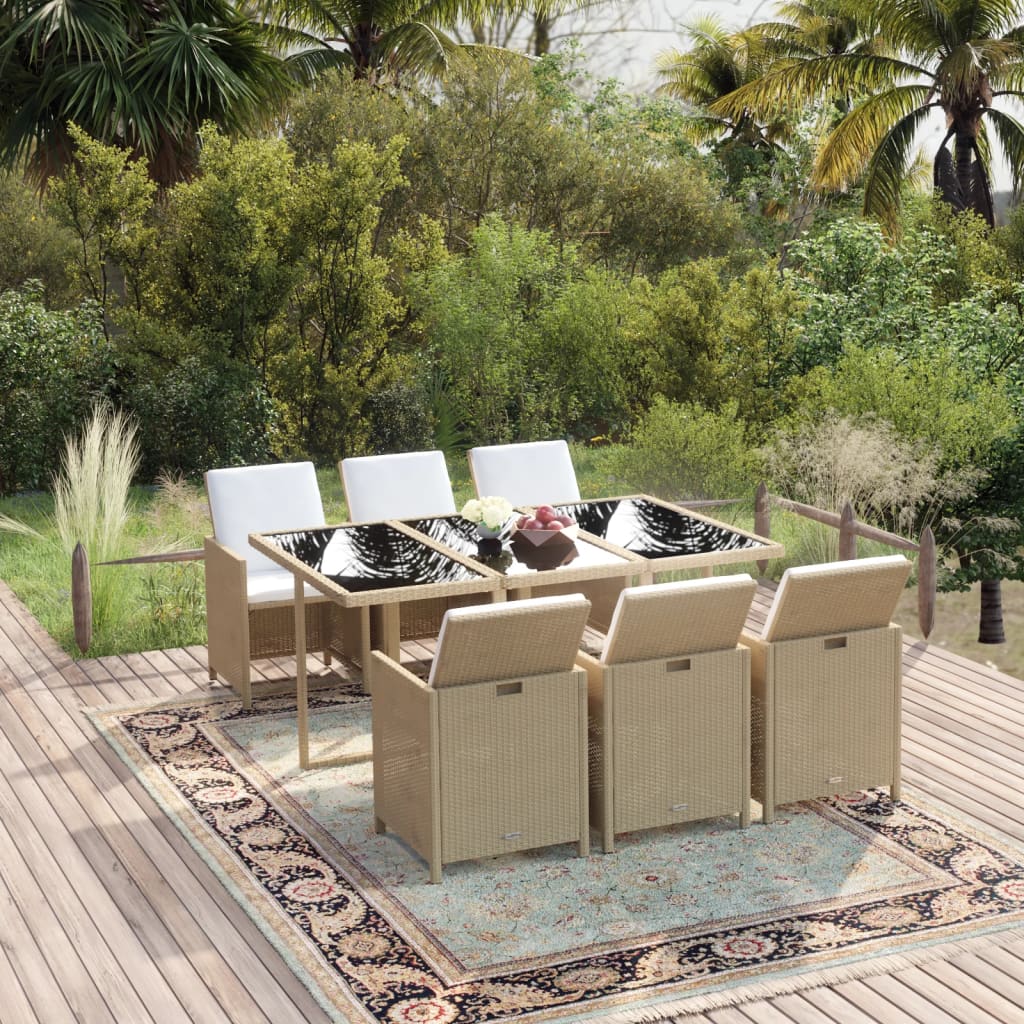 vidaXL 7 Piece Garden Dining Set with Cushions Poly Rattan Beige