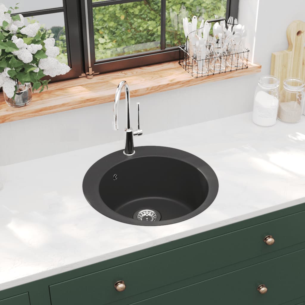 vidaXL Granite Kitchen Sink Single Basin Round Black