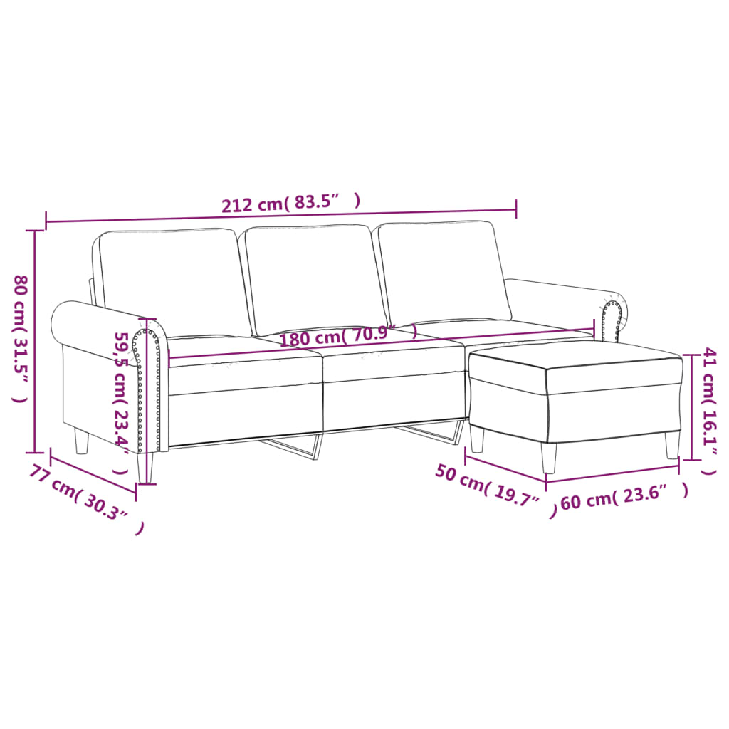 vidaXL 3-Seater Sofa with Footstool Black 180 cm Velvet