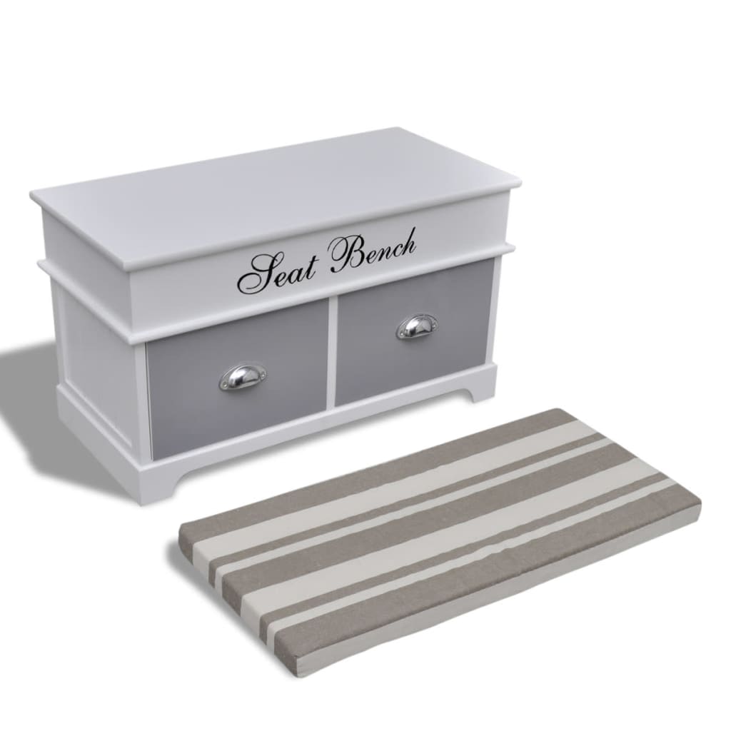 White Storage & Entryway Bench with Grey Cushion Top 2 Drawer