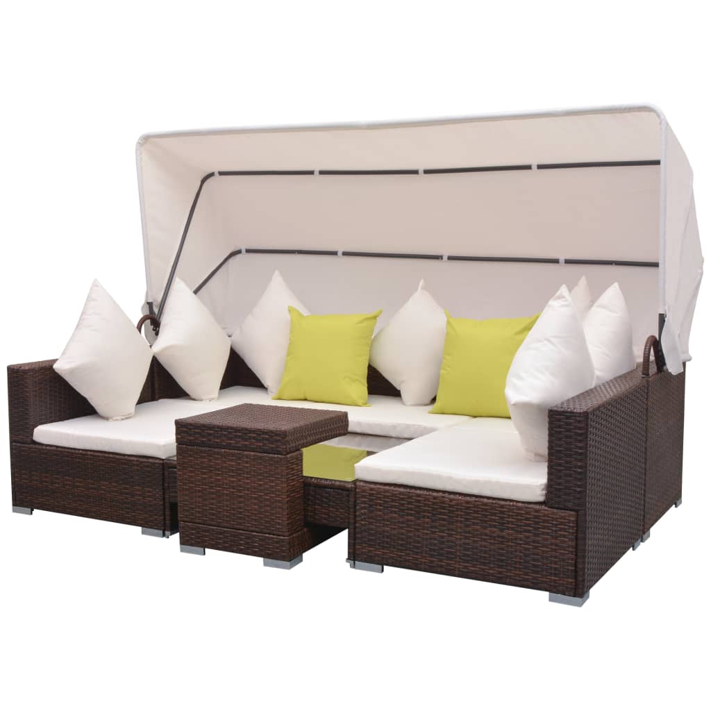 vidaXL 7 Piece Garden Lounge Set with Canopy Poly Rattan Brown