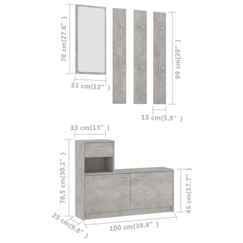 vidaXL Hallway Unit Concrete Grey 100x25x76.5 cm Engineered Wood