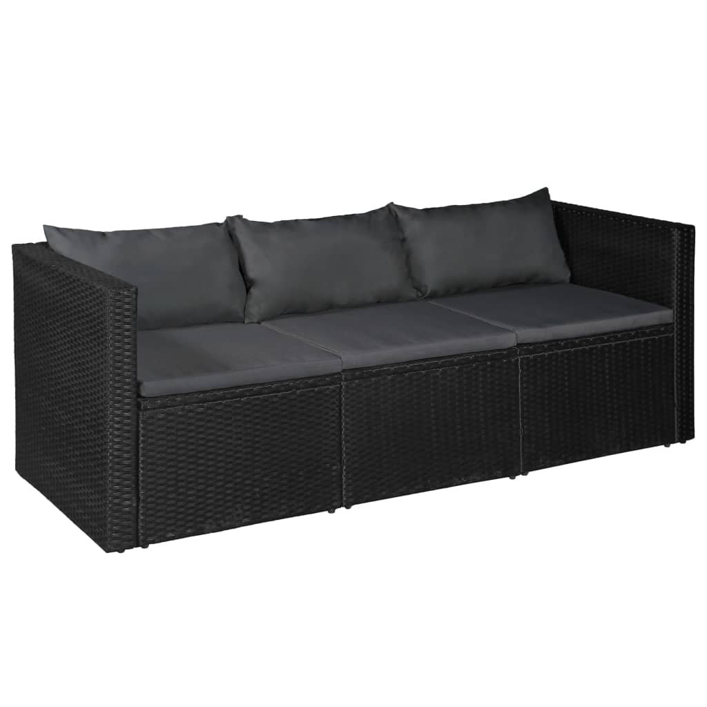 vidaXL 3 Seater Garden Sofa Black Poly Rattan with Grey Cushions