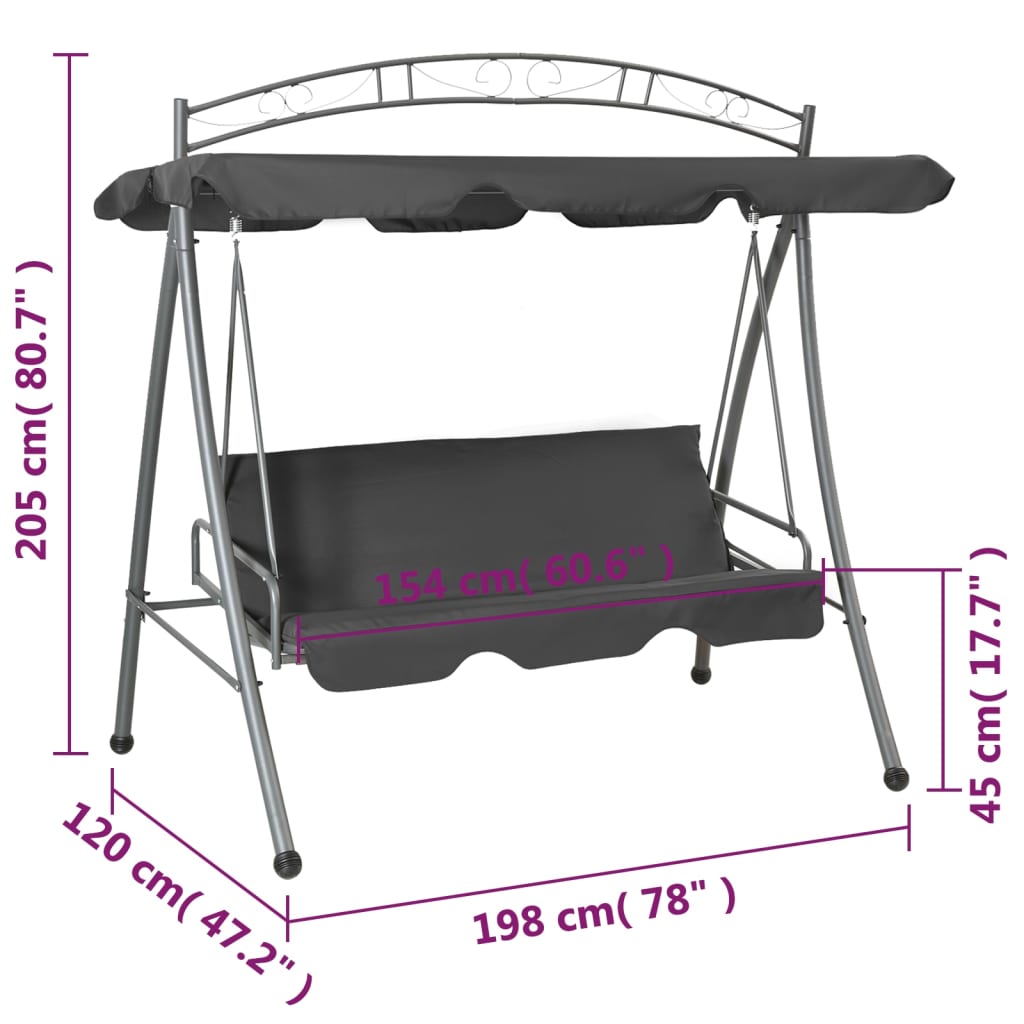 vidaXL Outdoor Convertible Swing Bench with Canopy Anthracite 198x120x205 cm Steel