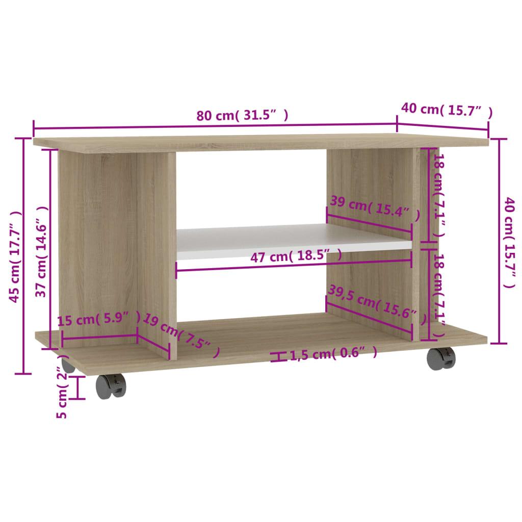 vidaXL TV Cabinet with Castors White and Sonoma Oak 80x40x45 cm Engineered Wood