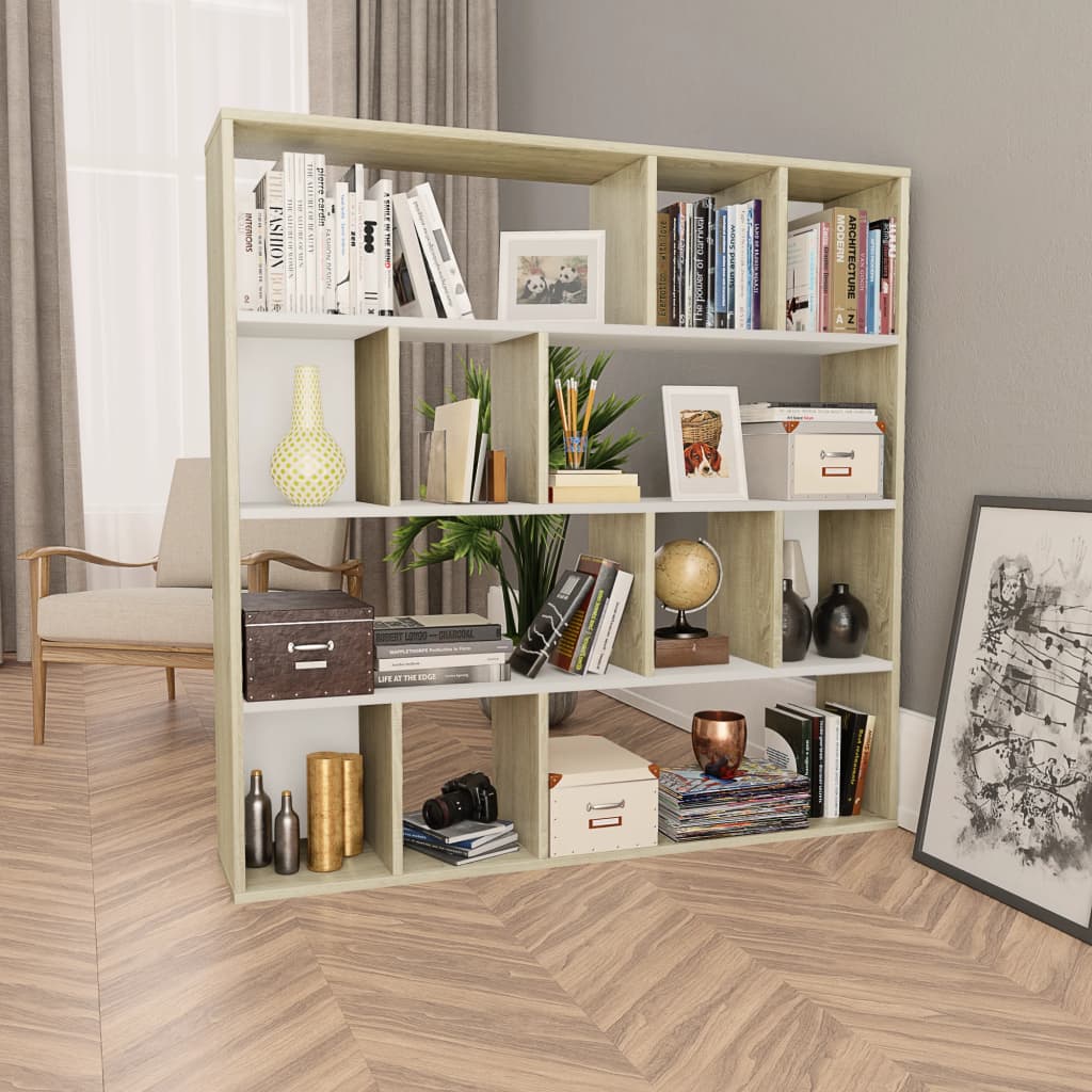 vidaXL Room Divider/Book Cabinet White and Sonoma Oak 110x24x110 cm Engineered Wood