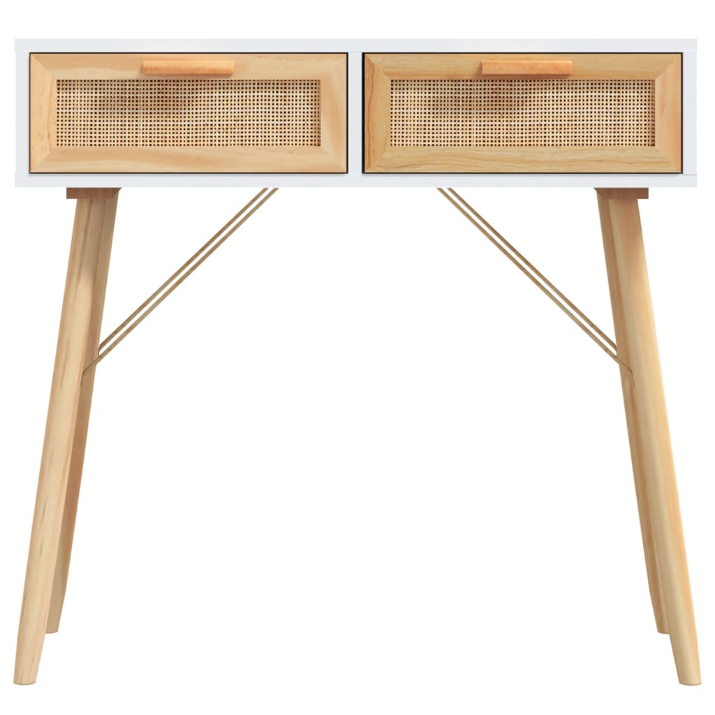 vidaXL Console Table White 80x30x75 cm Solid Wood Pine&Natural Rattan