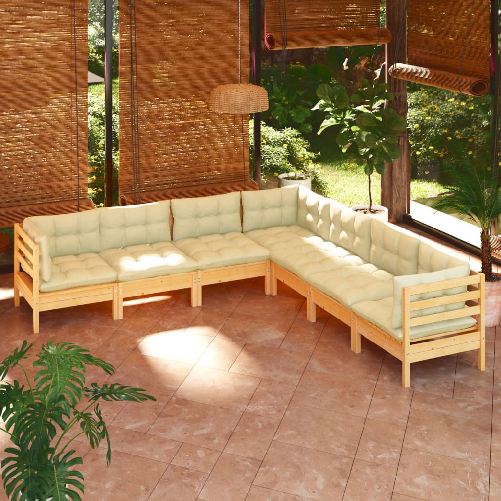 vidaXL 7 Piece Garden Lounge Set with Cream Cushions Solid Pinewood