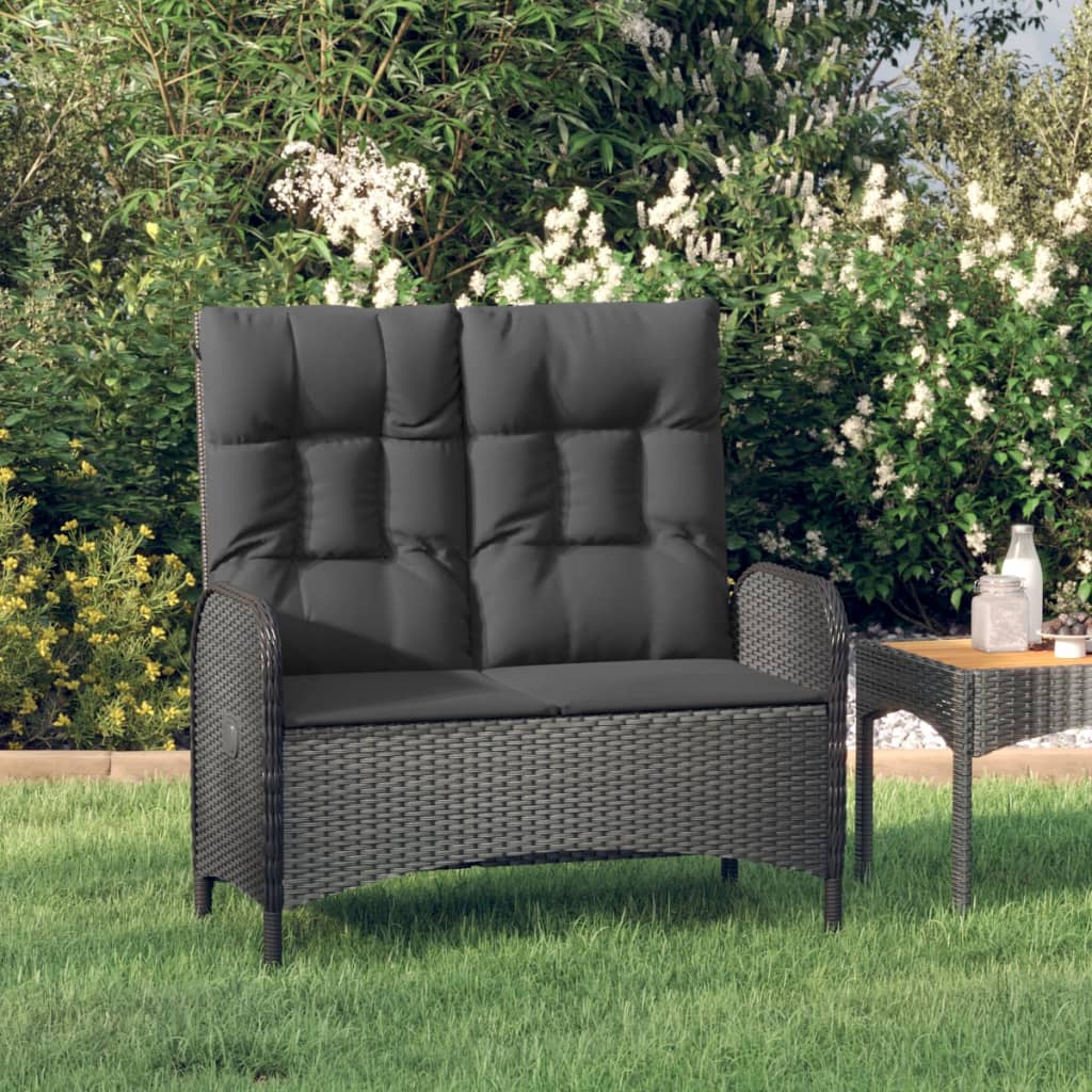 vidaXL Reclining Garden Bench with Cushions 107 cm Poly Rattan Black