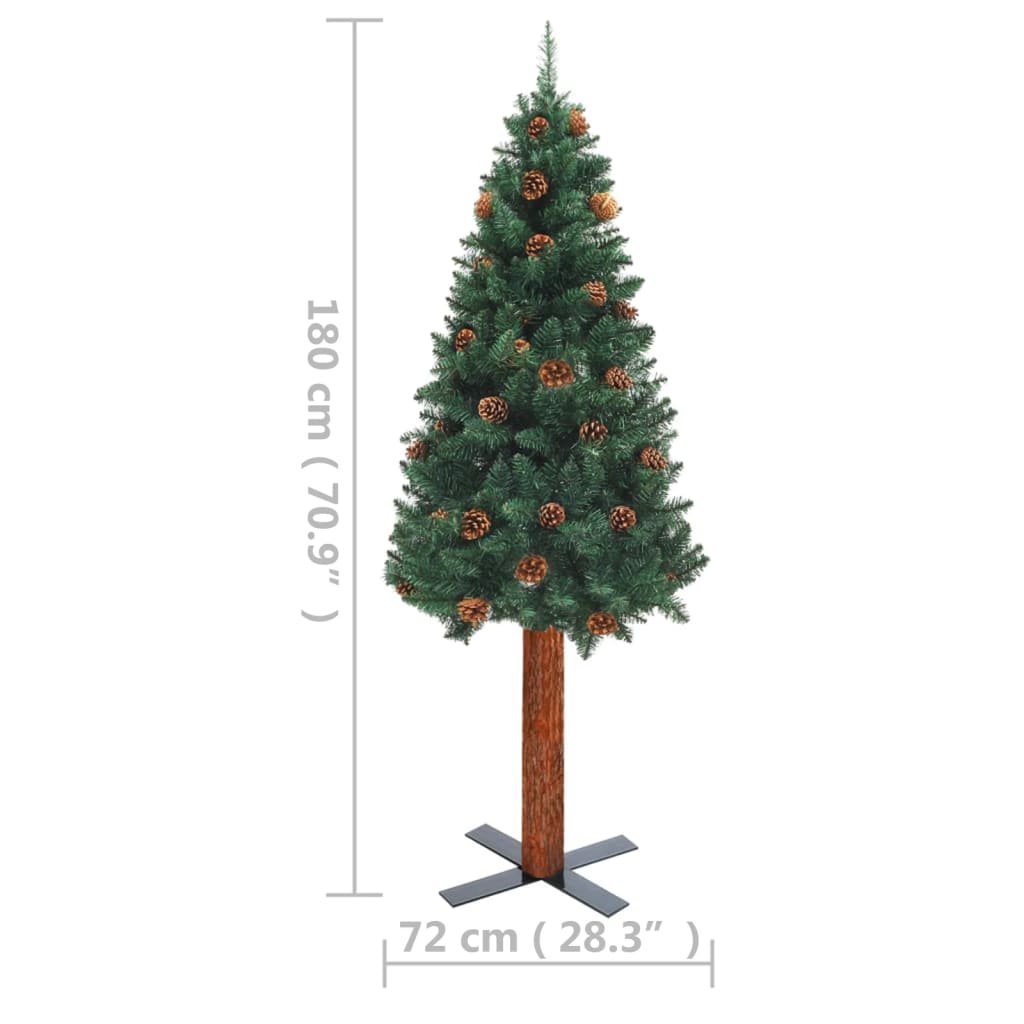 vidaXL Slim Pre-lit Christmas Tree with Real Wood&Cones Green 180 cm