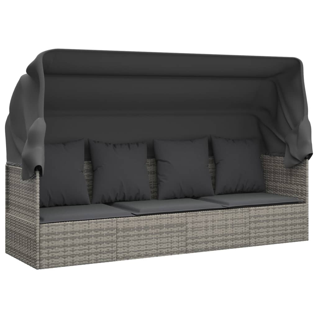 vidaXL Outdoor Lounge Bed with Roof and Cushions Grey Poly Rattan