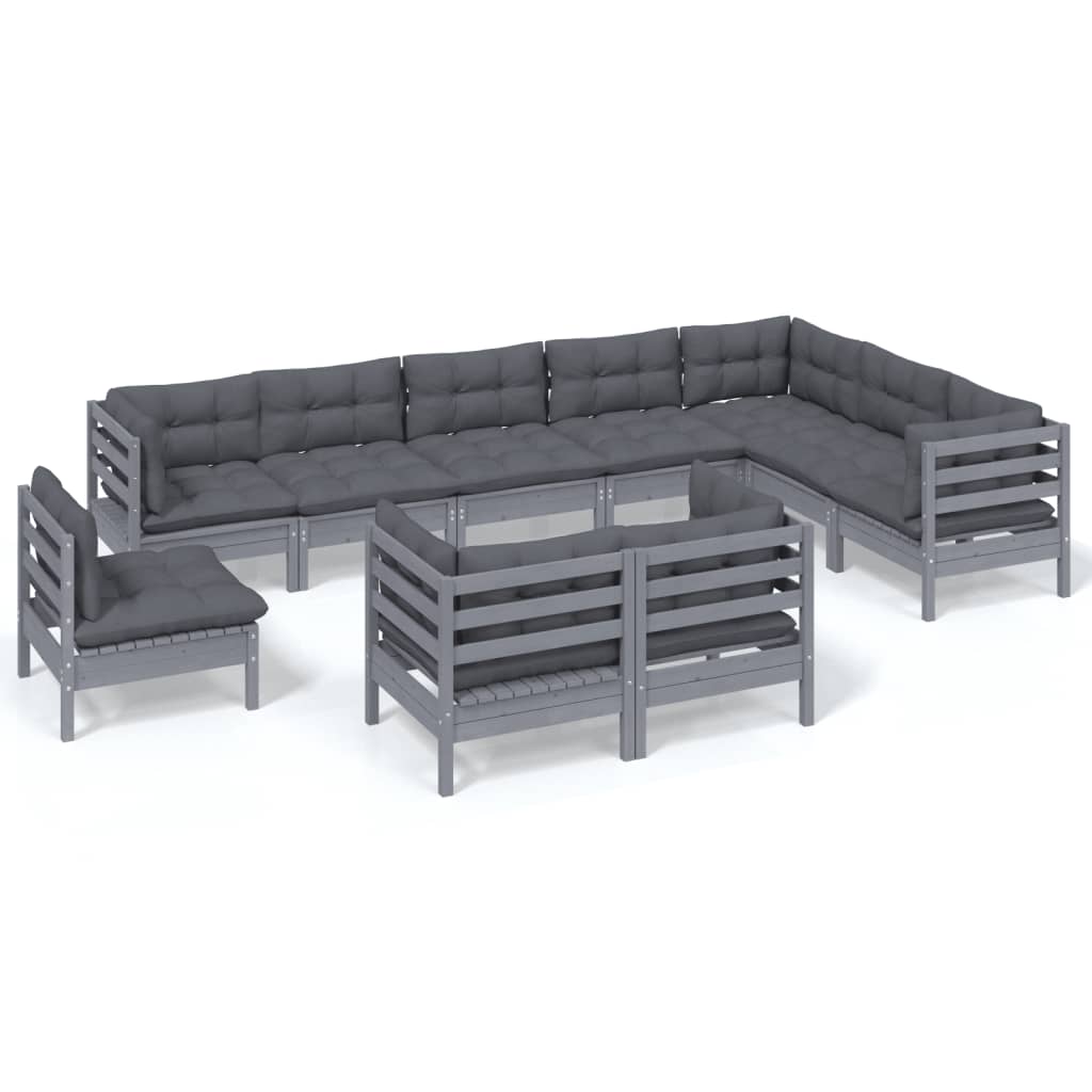 vidaXL 10 Piece Garden Lounge Set with Cushions Grey Solid Pinewood