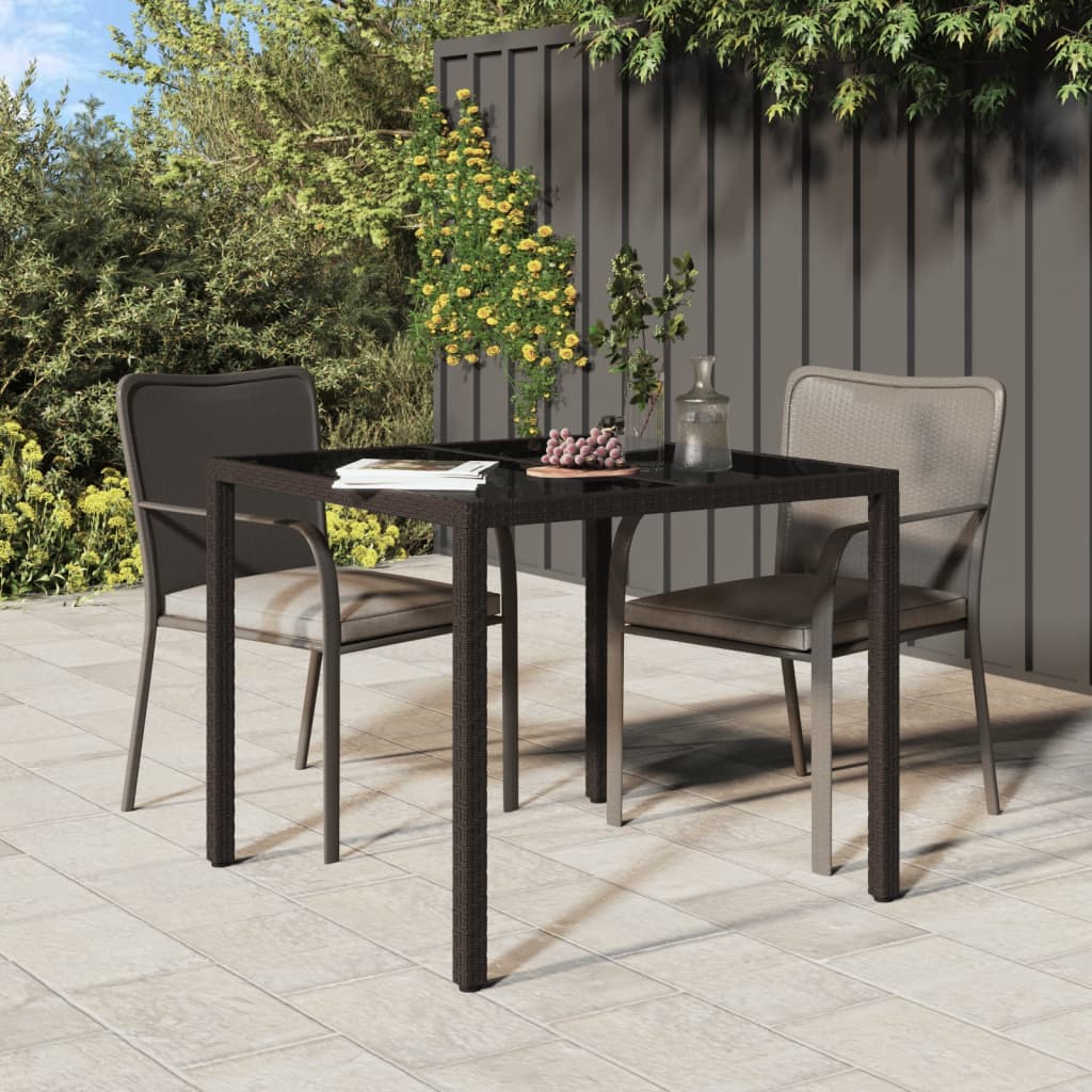vidaXL Garden Table 90x90x75 cm Tempered Glass and Poly Rattan Brown