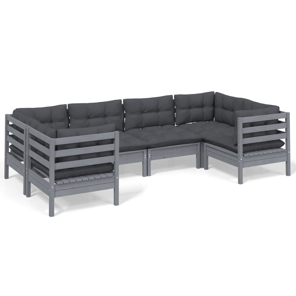 vidaXL 6 Piece Garden Lounge Set with Cushions Grey Pinewood