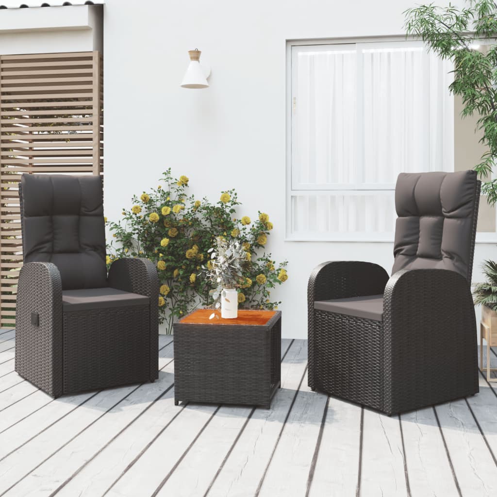 vidaXL 3 Piece Garden Lounge Set Black Poly Rattan&Solid Wood Acacia