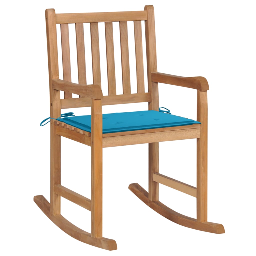 vidaXL Rocking Chair with Blue Cushion Solid Teak Wood