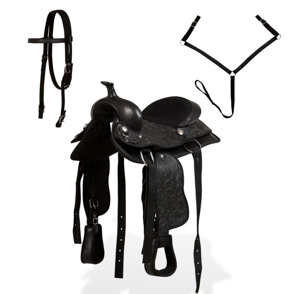 vidaXL Western Saddle, Headstall&Breast Collar Real Leather 12" Black