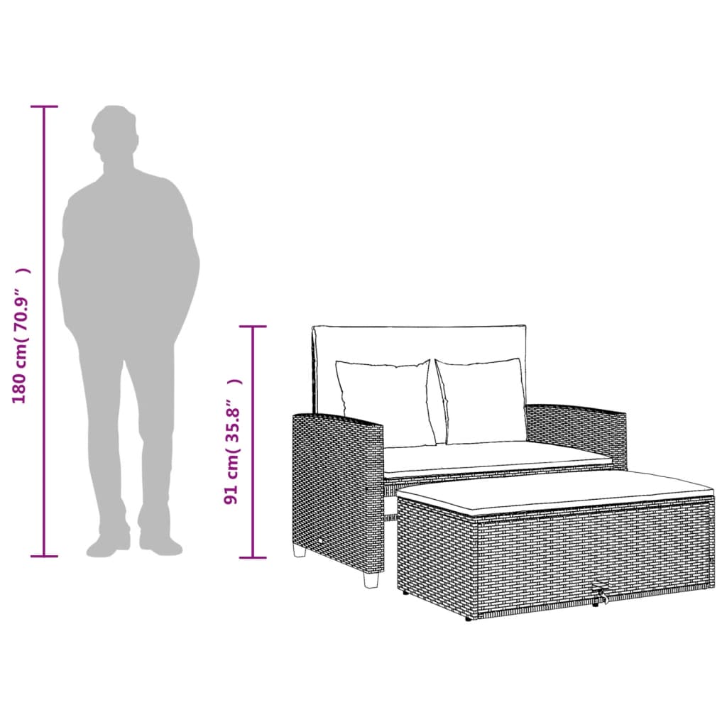 vidaXL Garden Sofa with Cushions 2-Seater Grey Poly Rattan