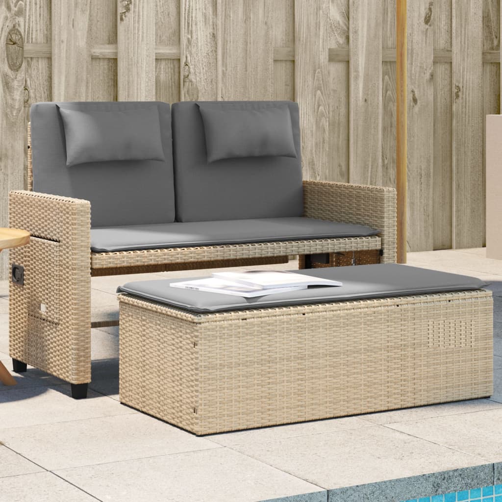 vidaXL Reclining Garden Bench with Cushions Beige Poly Rattan