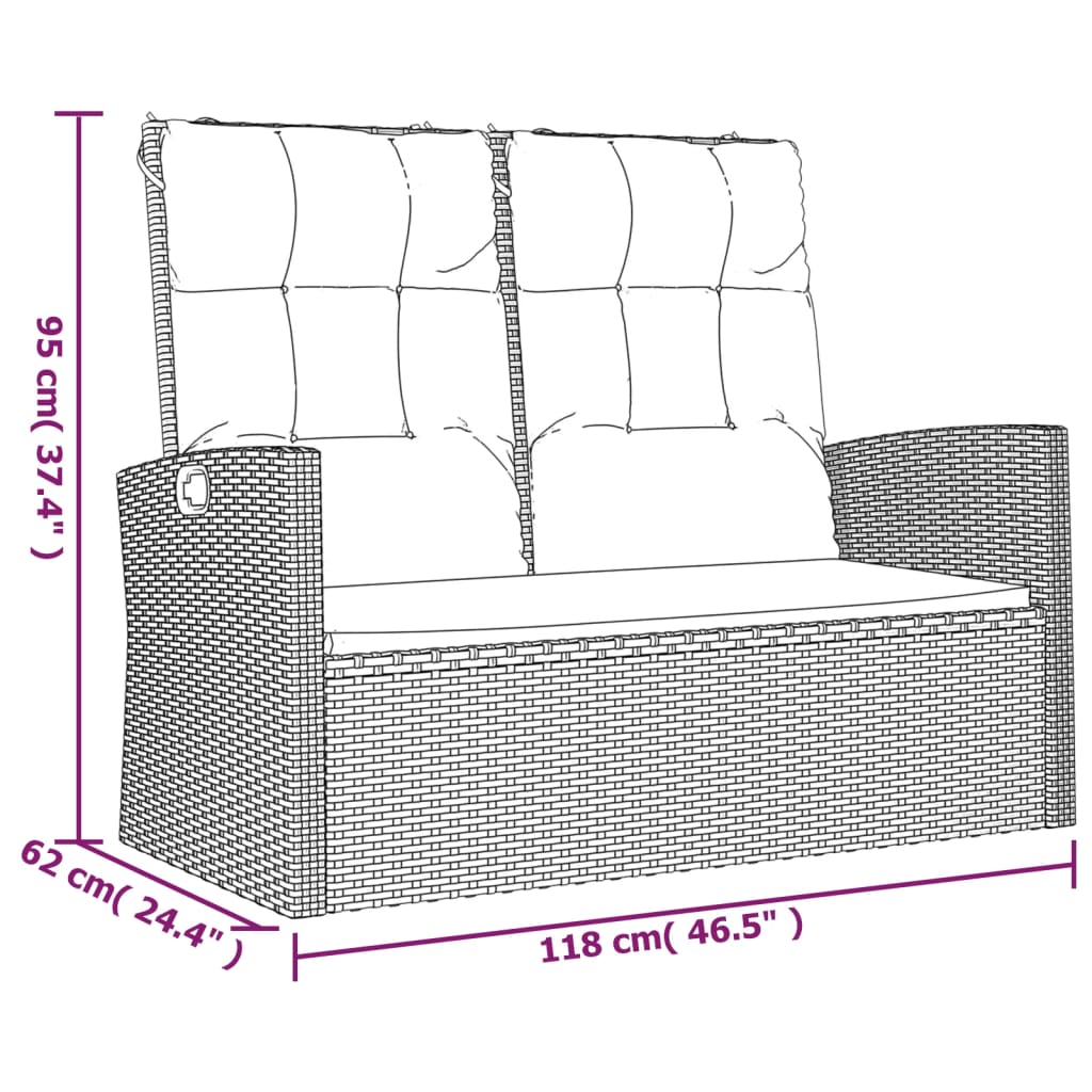 vidaXL Reclining Garden Bench with Cushions Black 118 cm Poly rattan