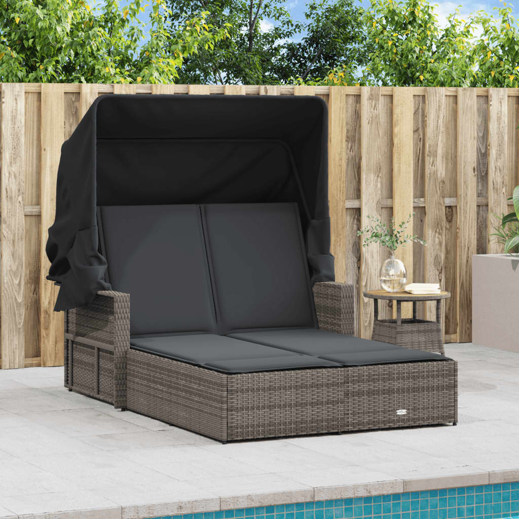 vidaXL Double Sun Lounger with Canopy and Cushions Grey Poly Rattan
