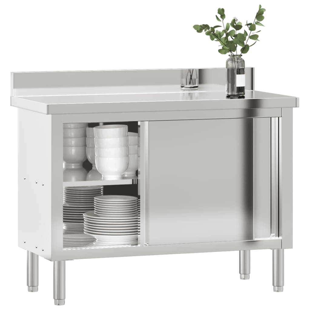 vidaXL Kitchen Work Table with Sliding Doors Stainless Steel | vidaXL ...