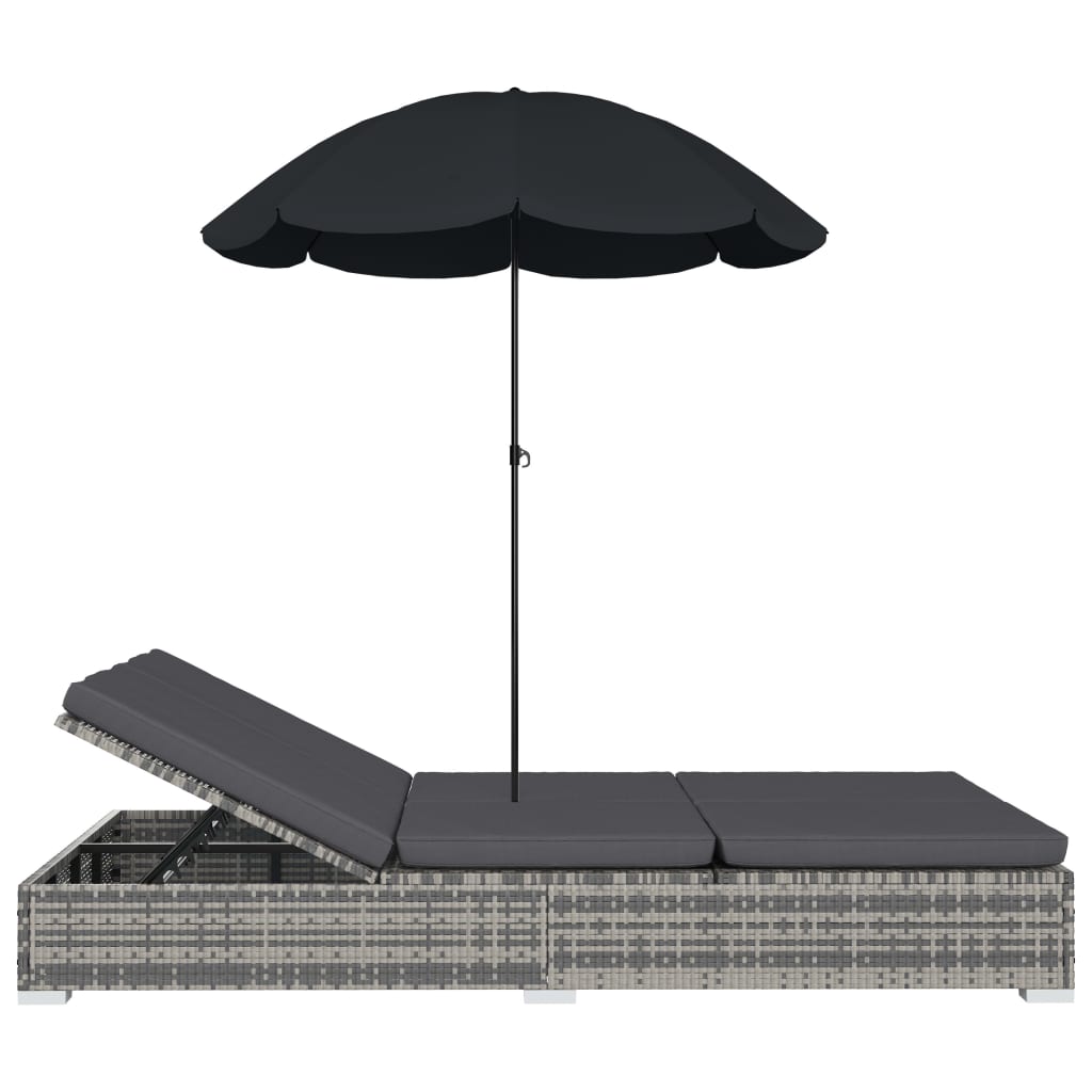 vidaXL Outdoor Lounge Bed with Umbrella Poly Rattan Grey