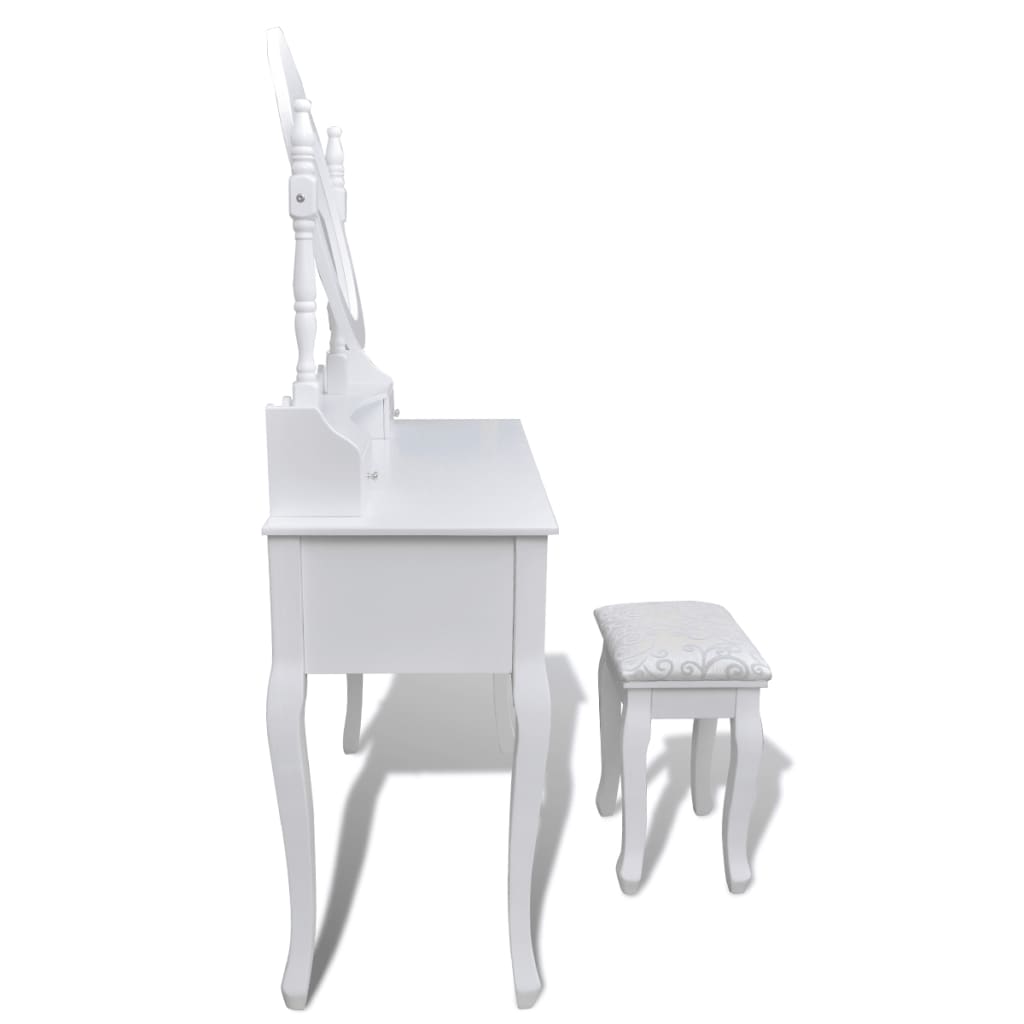 vidaXL Dressing Table with Mirror and Stool 7 Drawers White