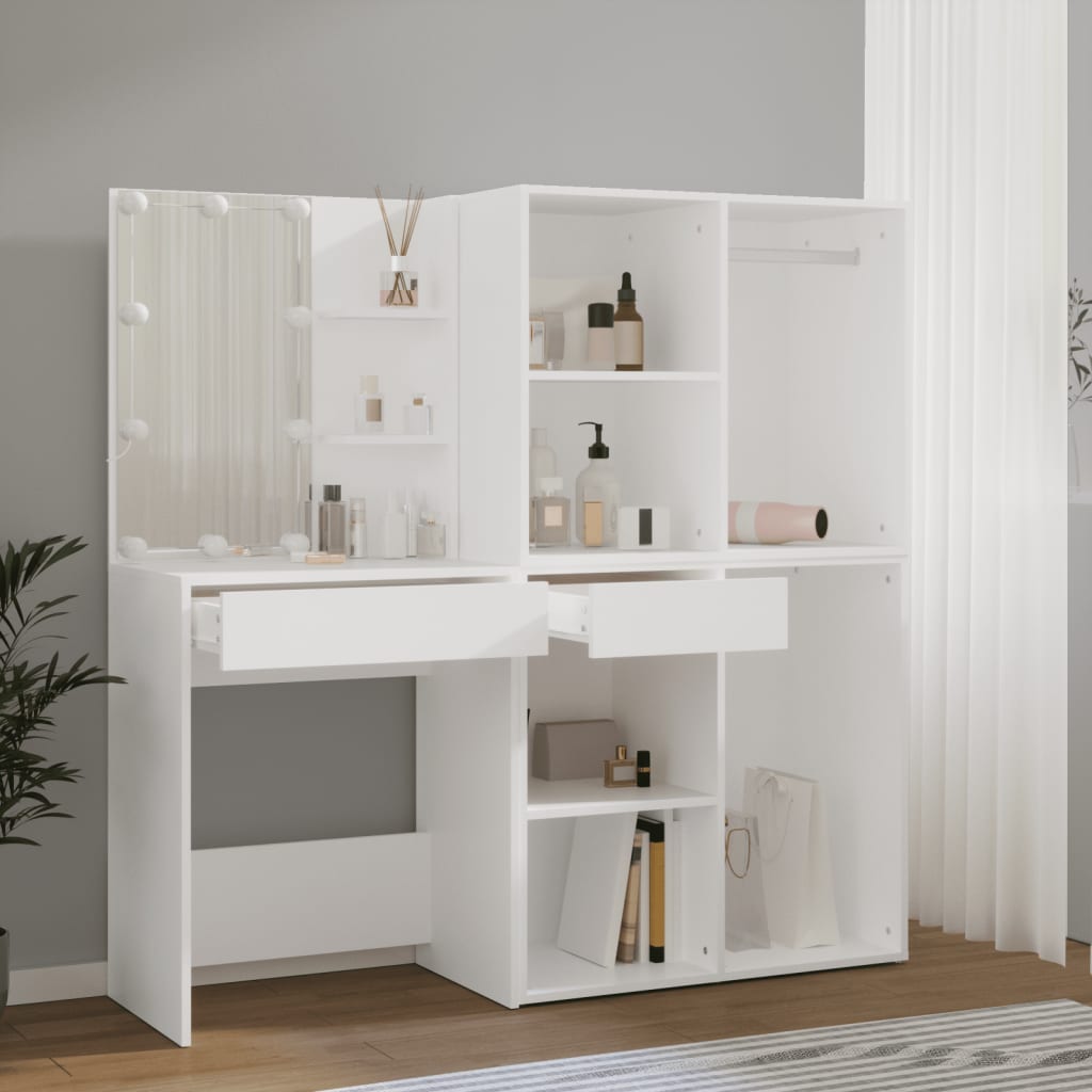 vidaXL LED Dressing Table with 2 Cabinets White Engineered Wood ...
