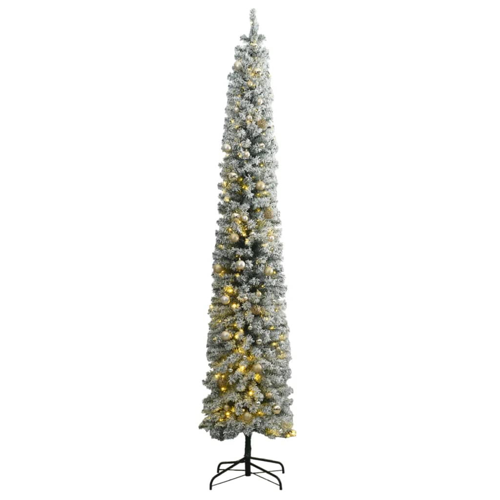 vidaXL Slim Christmas Tree 300 LEDs & Ball Set & Flocked Snow 300 cm