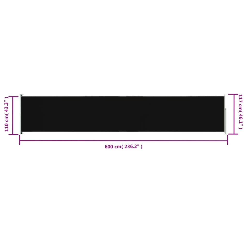 vidaXL Patio Retractable Side Awning 117x600 cm Black