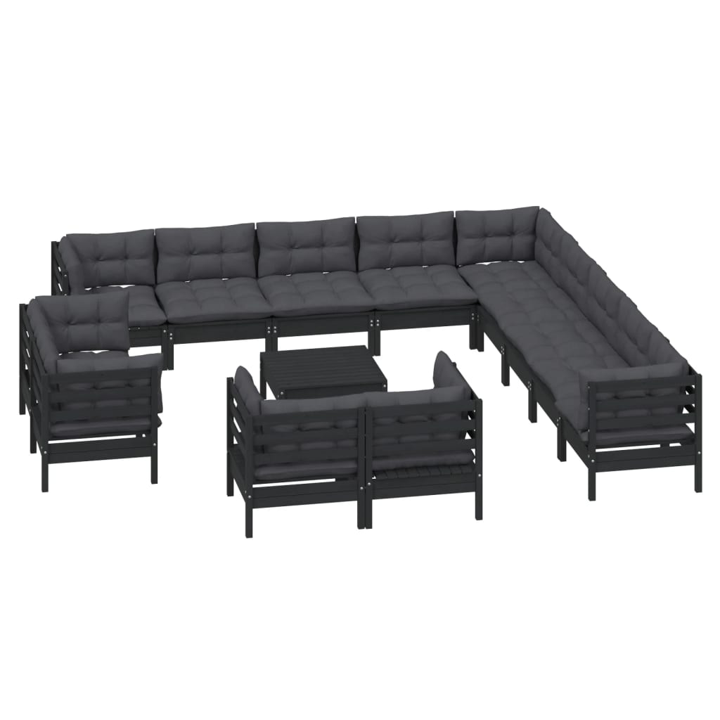 vidaXL 14 Piece Garden Lounge Set with Cushions Black Solid Pinewood