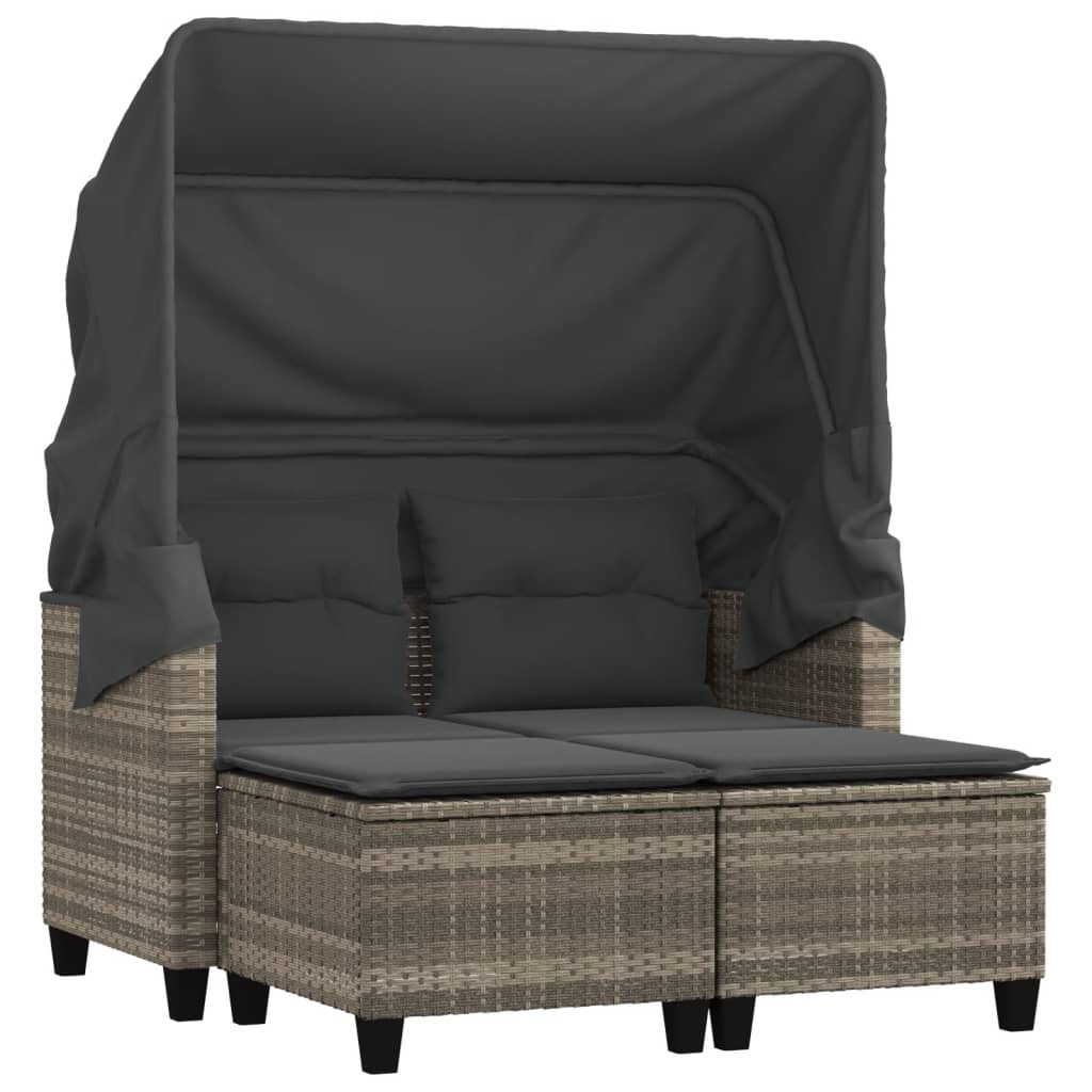 vidaXL Garden Sofa 2-Seater with Canopy and Stools Light Grey Poly Rattan