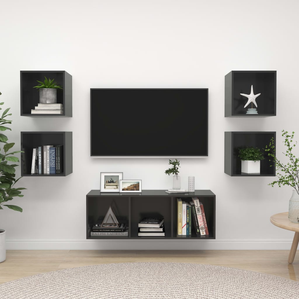vidaXL 5 Piece TV Cabinet Set High Gloss Grey Engineered Wood