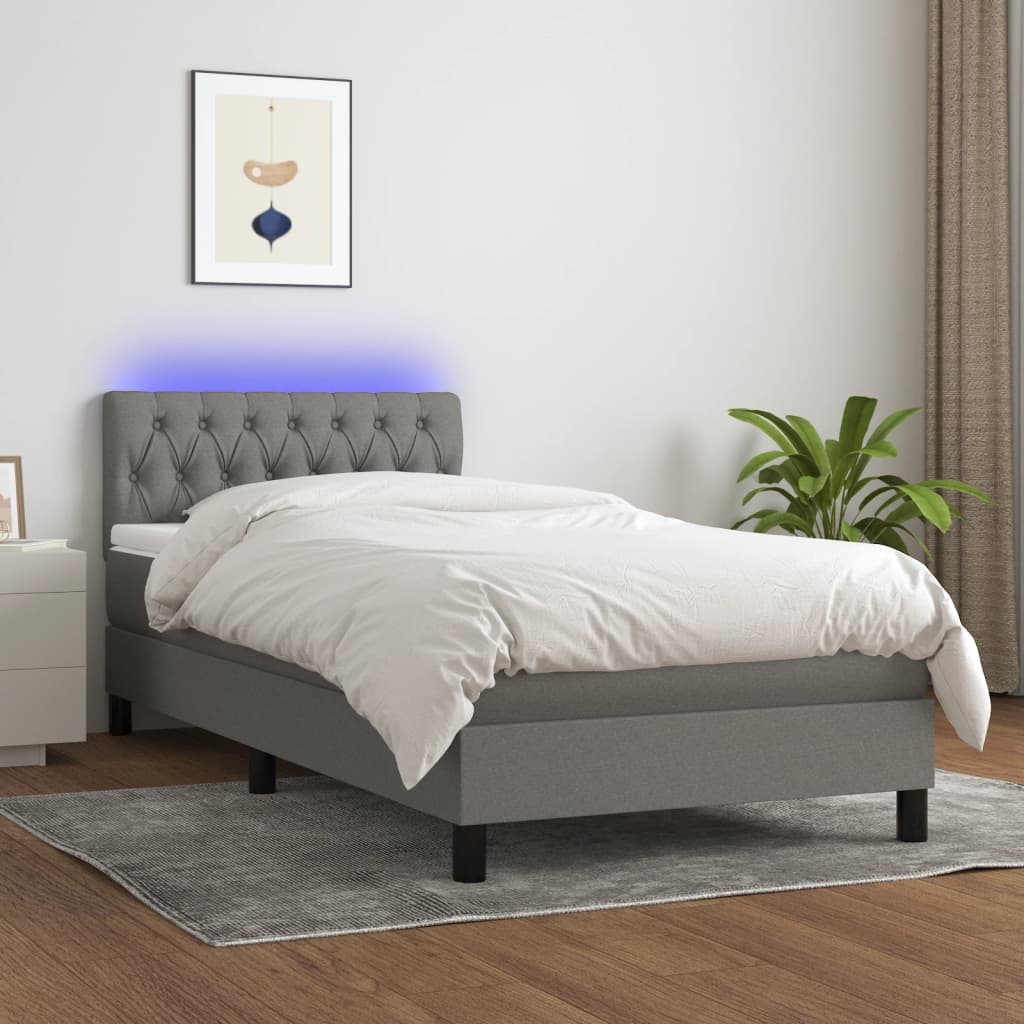vidaXL Box Spring Bed with Mattress&LED Dark Grey 100x200cm Fabric